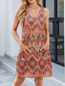 Printed V-Neck Sleeveless Mini Dress with Pockets Terracotta