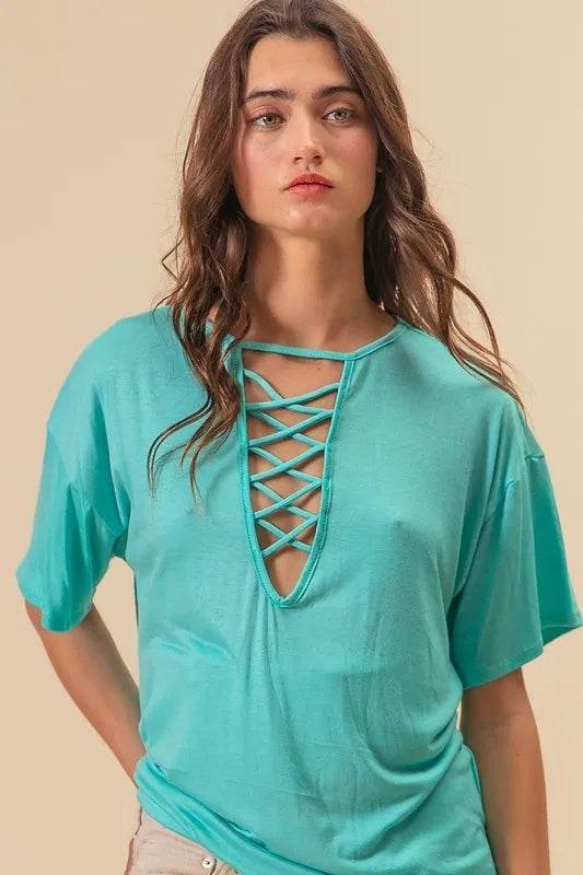 BiBi Jersey Knit Top with Criss Cross Front Neck Detail - Store 42