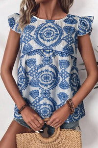Boho Print Ruffled Cap Sleeve Crew Neck Blouse Dusty Blue