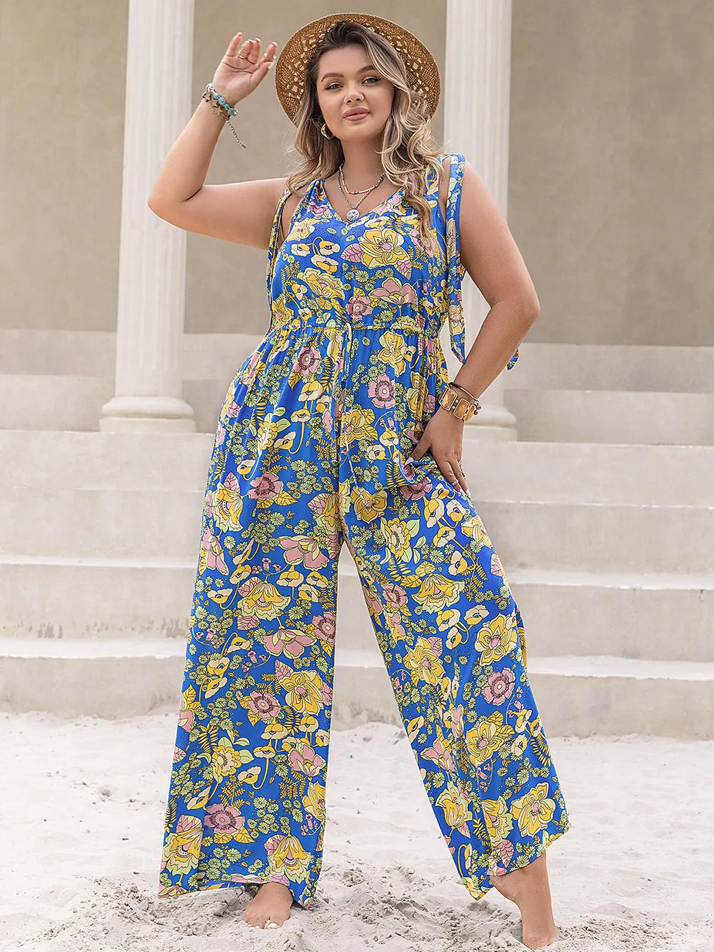 Plus Size Printed V-Neck Wide Leg Jumpsuit for Effortless Chic Style - 100% Viscose Fabric