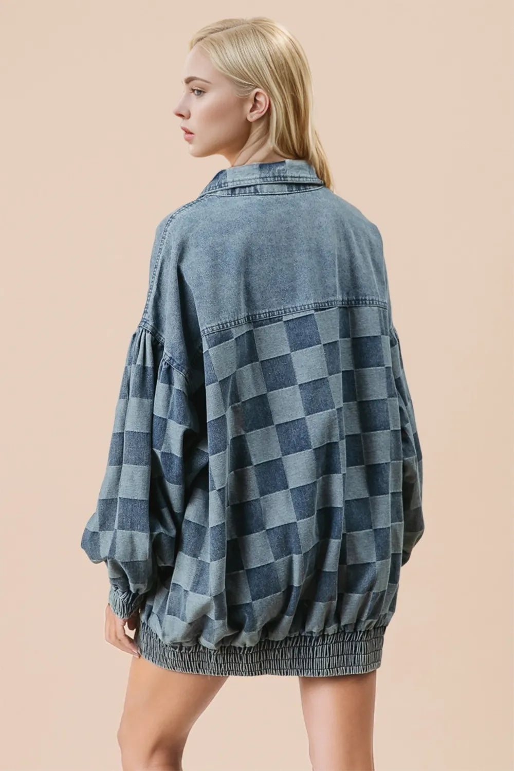 Stylish Double Take Checkered Denim Jacket for Women - 100% Cotton, Slightly Stretchy