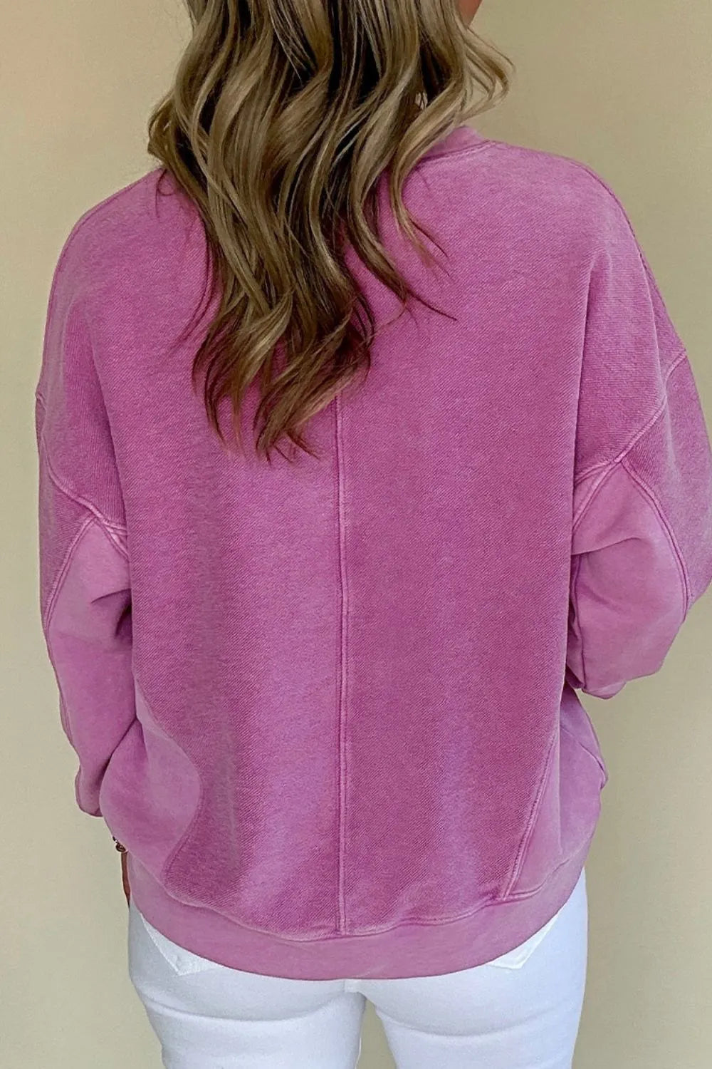 Notched Drop Shoulder Long Sleeve Sweatshirt - Soft Polyester Cotton Blend, Slightly Stretchy, Basic Style