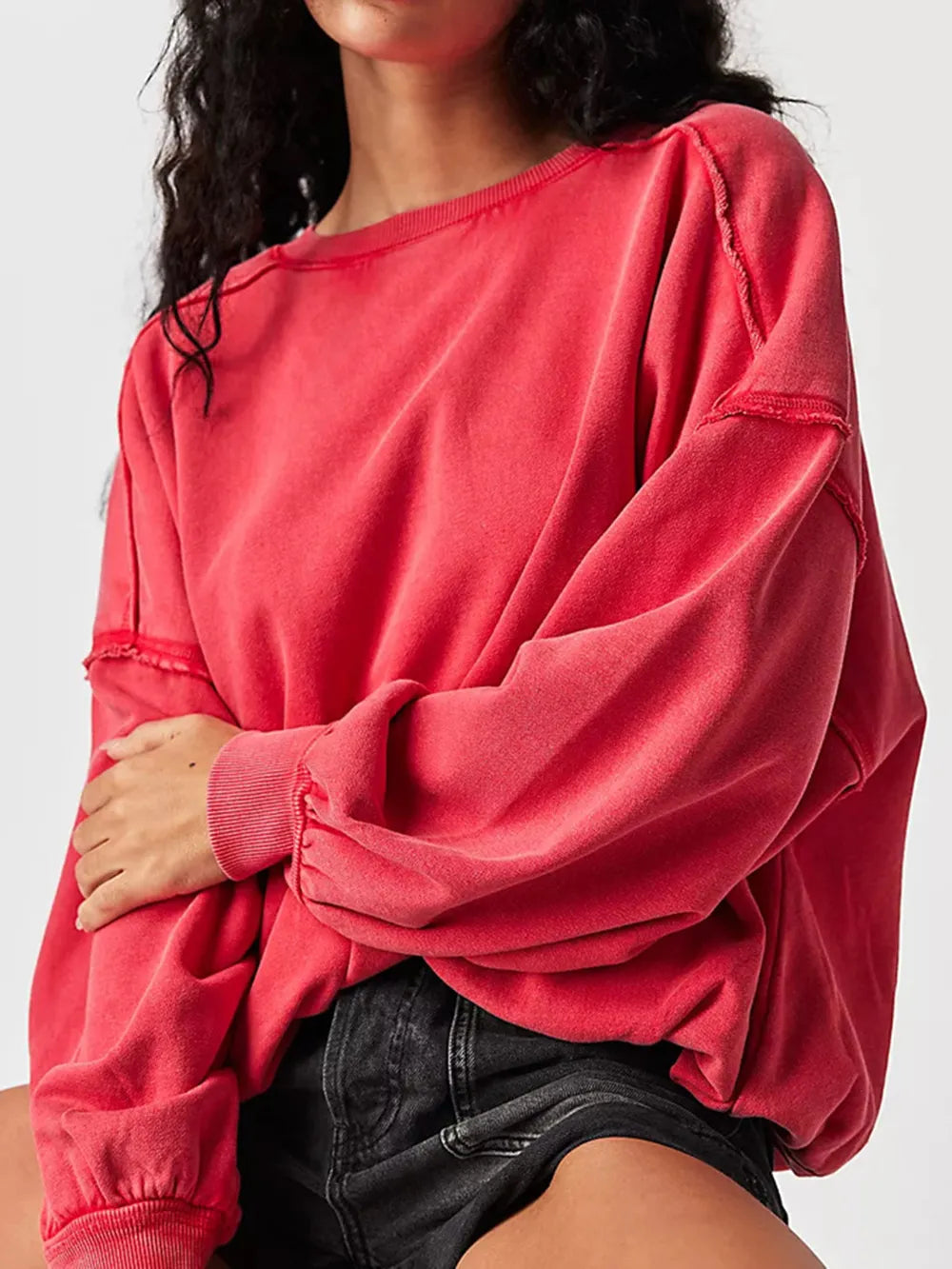 Trendsi Exposed Seam Round Neck Long Sleeve Sweatshirt - Opaque 100% Polyester, No Stretch