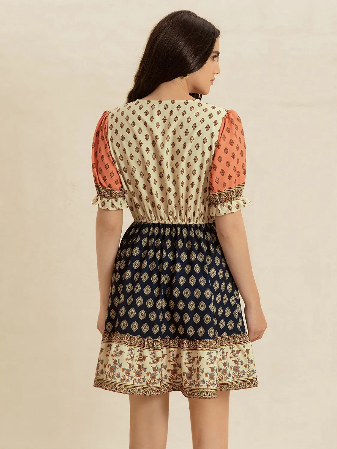 Trendy Printed V-Neck Short Sleeve Dress with Ruched Details - 100% Polyester, Machine Washable
