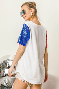 Chic Metallic Letter V-Neck Top with Sequin Sleeves for Glamorous Looks - Store 42