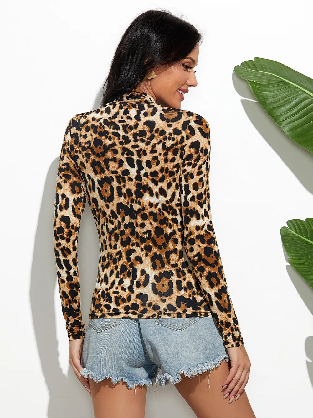 Leopard Print Mock Neck Long Sleeve T-Shirt for Women - Highly Stretchy, Opaque Fabric