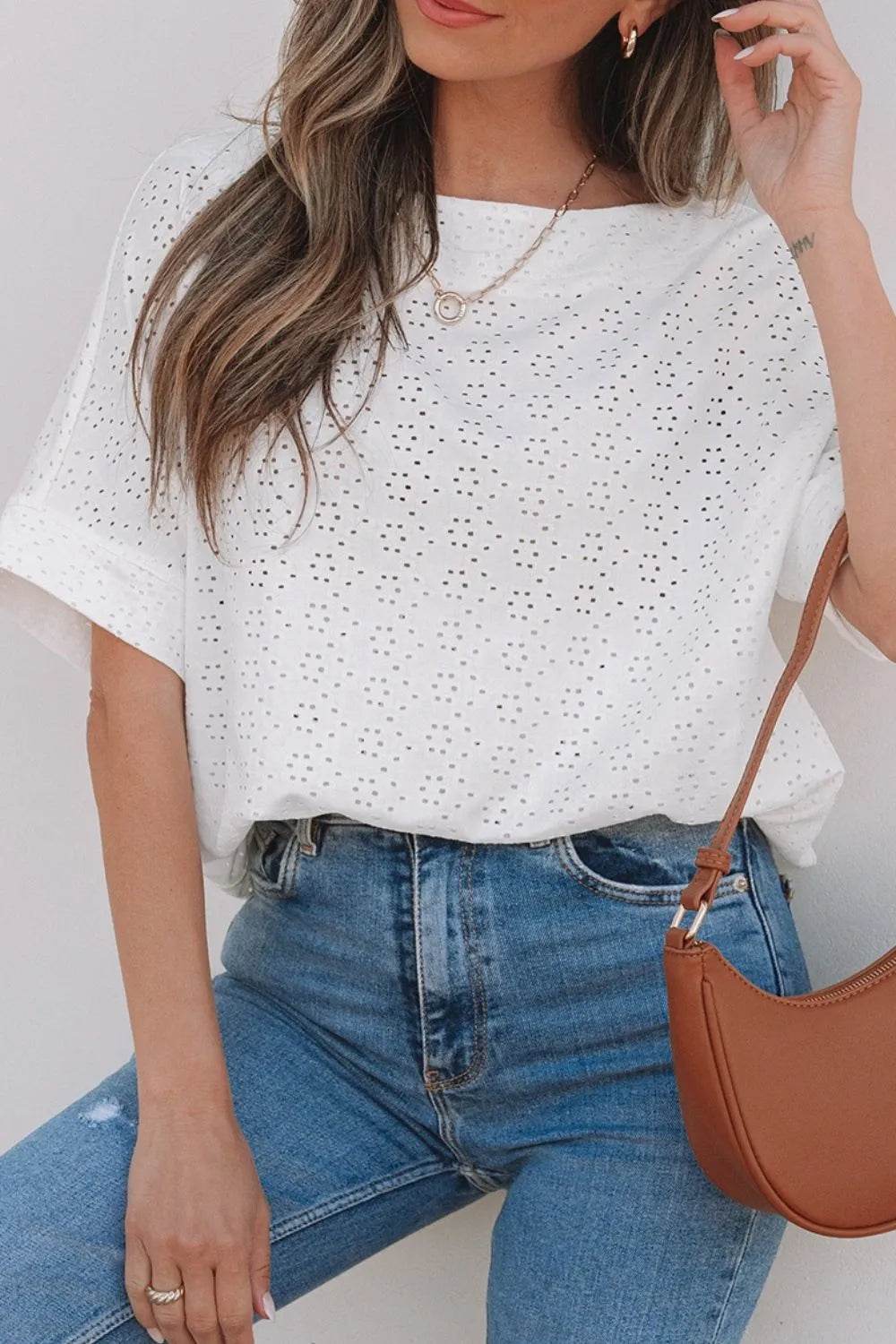 Stylish Eyelet Pattern Boat Neck Tee for Women – Slightly Stretchy, Casual Comfort
