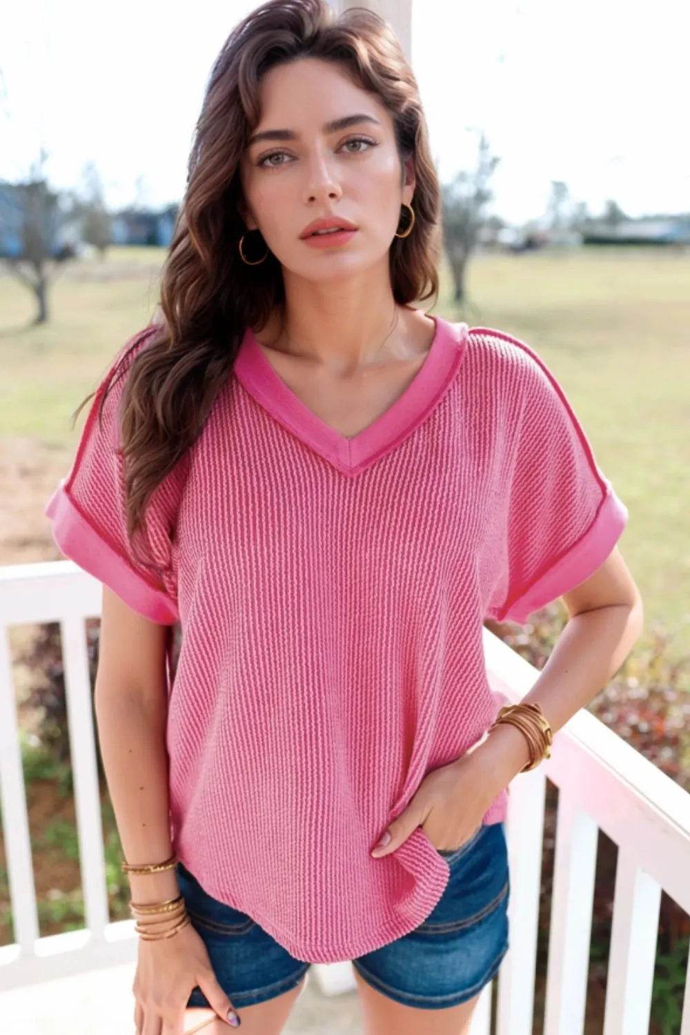 Trendy Solid V-Neck Short Sleeve T-Shirt - Stretchy Fabric, 75% Polyester, Sizes S-XL