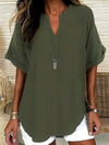 Casual Notched Short Sleeve Blouse Olive Green