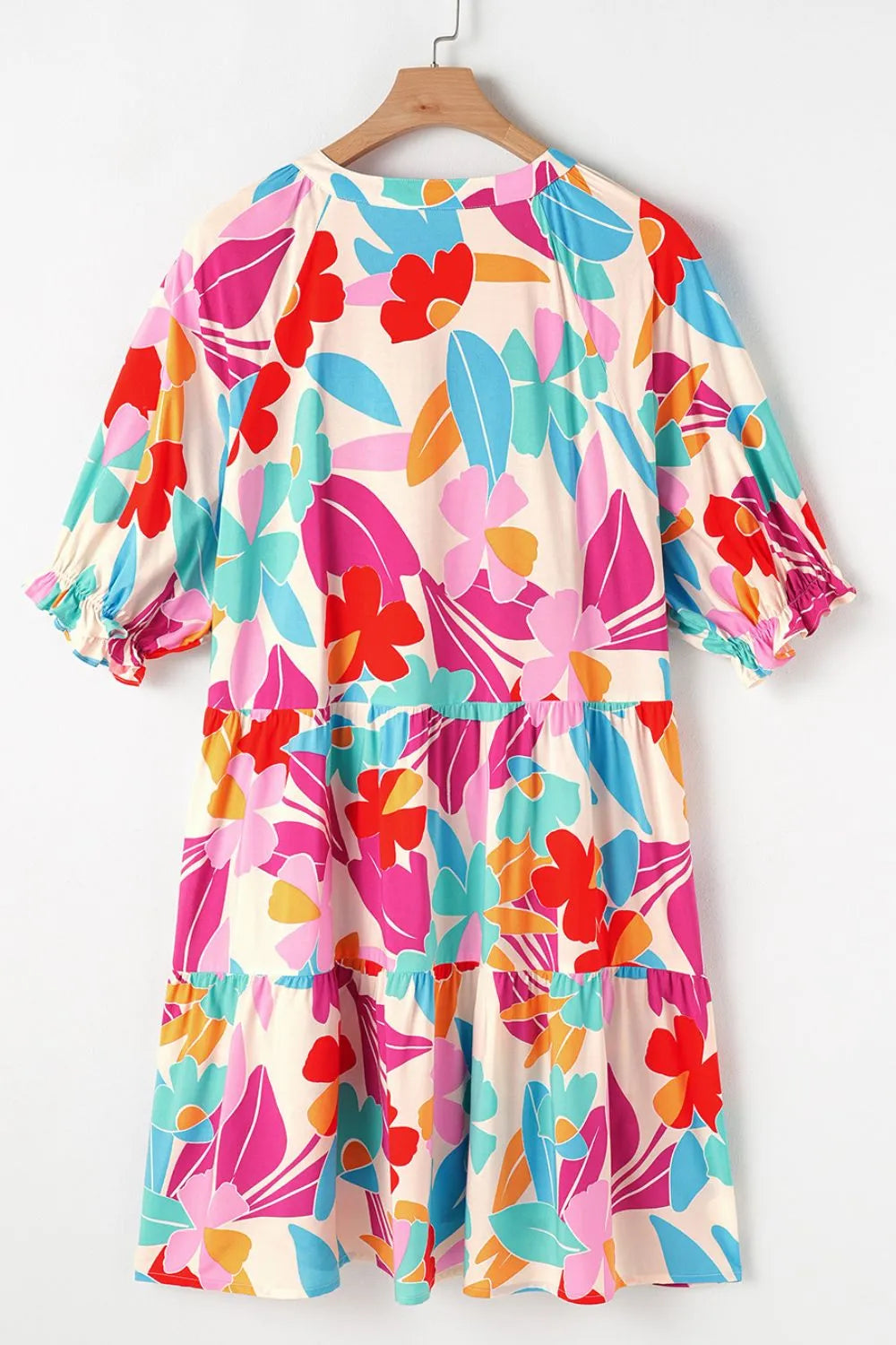 Floral Bubble Sleeve V Neck Tiered Ruffle Babydoll Dress