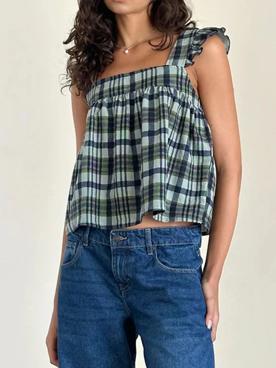 Ruffled Plaid Square Neck Tank