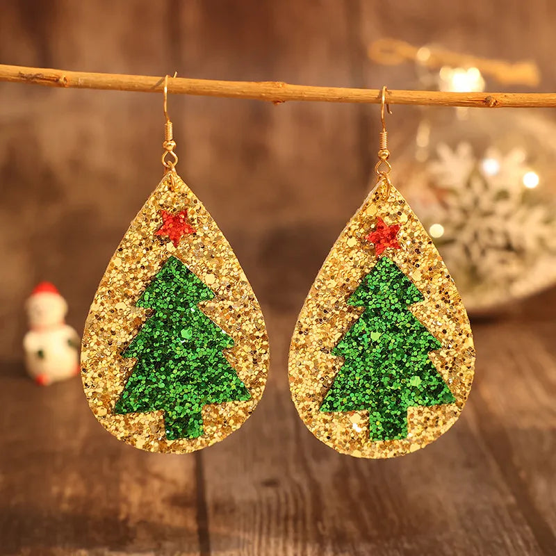 Festive PU Leather Christmas Tree Earrings - Lightweight Alloy Holiday Jewelry - 3.6 In Length