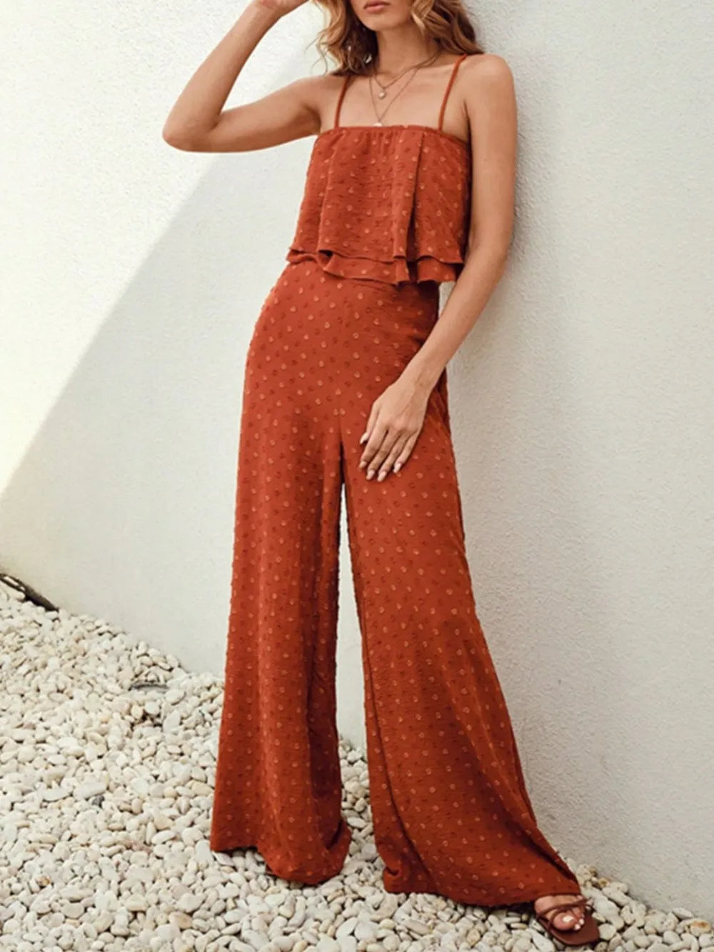 Chic Swiss Dot Layered Cami and Pants Set - Elegant 2-Piece Outfit for Effortless Style