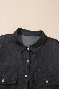 Pocketed Collared Neck Long Sleeve Denim Top