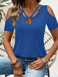 Sleek Cold Shoulder T-Shirt With Eye-Catching Metal Ring Detail - 95% Polyester, Slightly Stretchy - Store 42