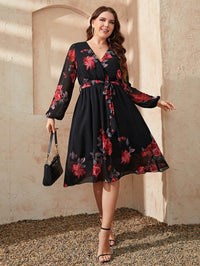 Honey Plus Size Floral Surplice Neck Tie Waist Dress - Store 42