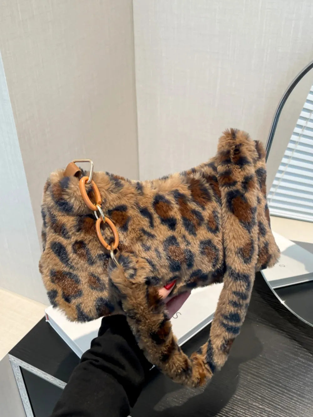 Trendy Leopard Fluff Small Shoulder Bag - Soft Polyester Material, Compact Design