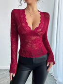 Lace Deep V-Neck Long Sleeve Sheer T-Shirt - 90% Polyamide, Slightly Stretchy Top - Store 42