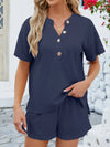Casual Button Detail Ribbed Top and Shorts Two-Piece Set Dark Blue