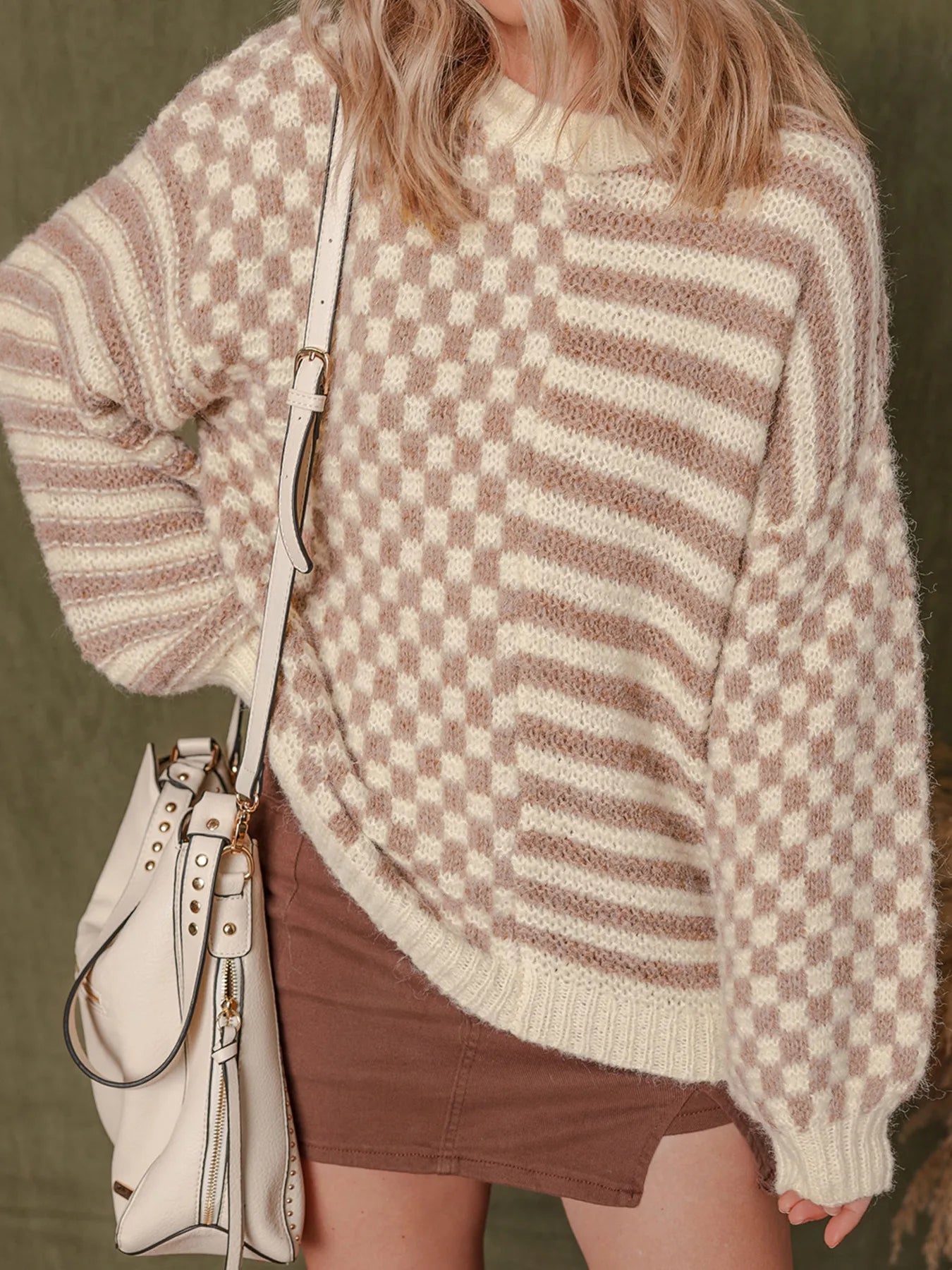 Stripe Checkerboard Drop Shoulder Balloon Sleeve Sweater