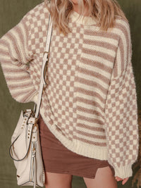 Stripe Checkerboard Drop Shoulder Balloon Sleeve Sweater