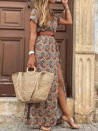 Full Size Printed V-Neck Short Sleeve Maxi Dress Plus Size - Store 42