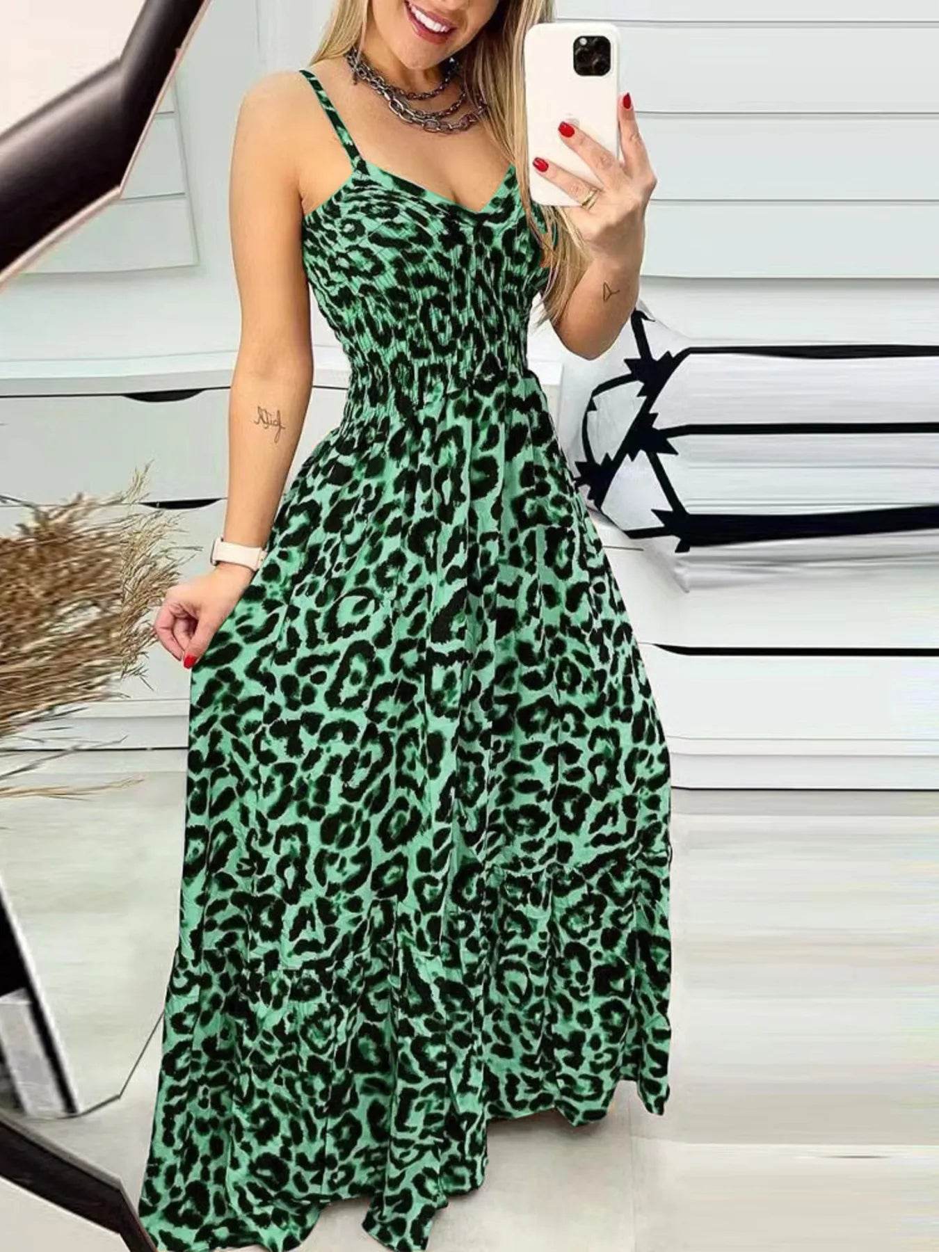 Full Size Leopard Print Spaghetti Strap Maxi Dress Plus Size - Store 42