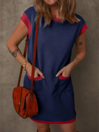 Round Neck Cap Sleeve Mini Dress Dark Blue