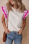 Ruffled Round Neck Cap Sleeve Blouse Fuchsia Pink