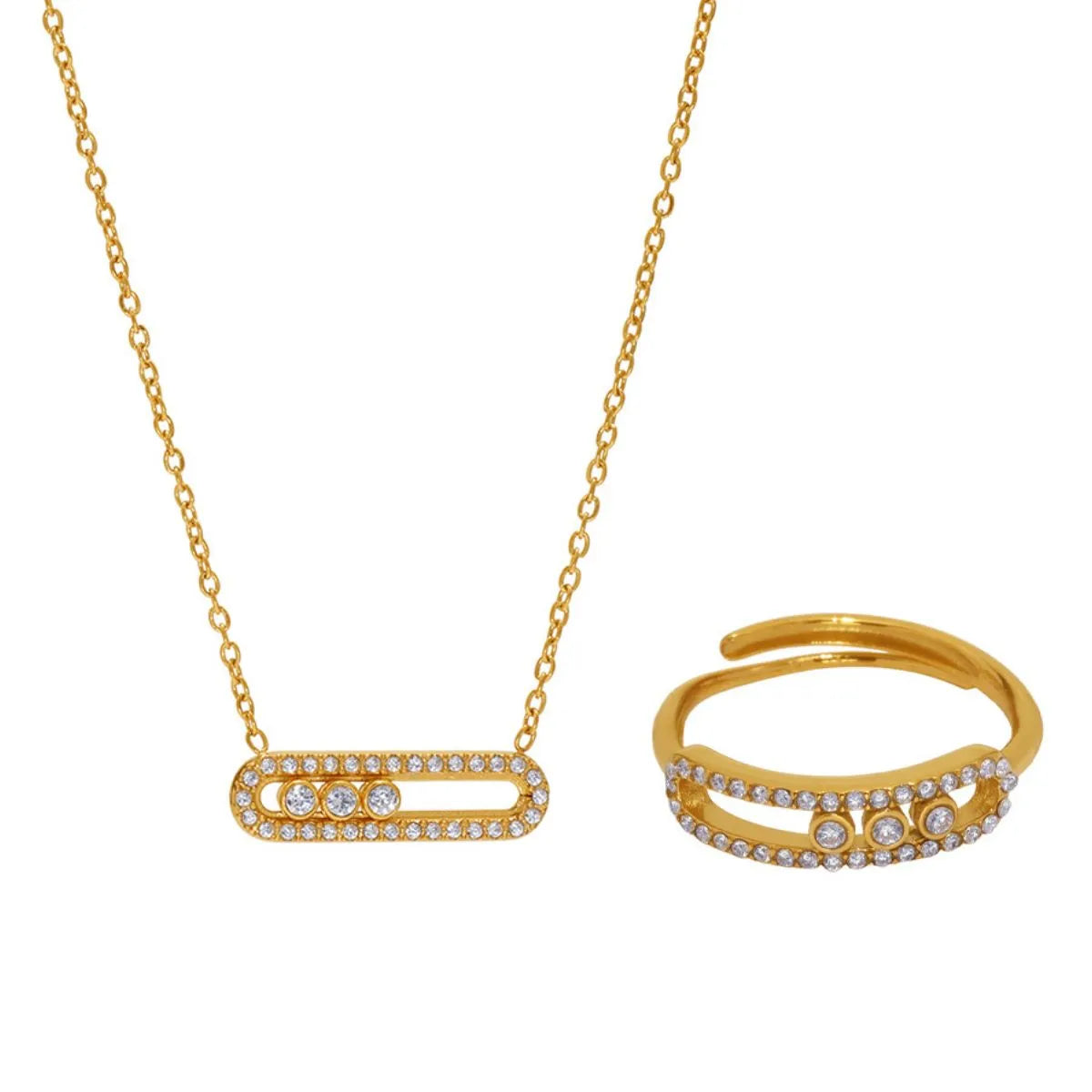 Moving Crystal Bar Necklace and Ring Jewelry Set