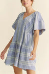 Davi & Dani Embroidered Stripe Ruffled Gingham Mini Dress Navy Blue