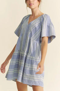 Davi & Dani Embroidered Stripe Ruffled Gingham Mini Dress Navy Blue