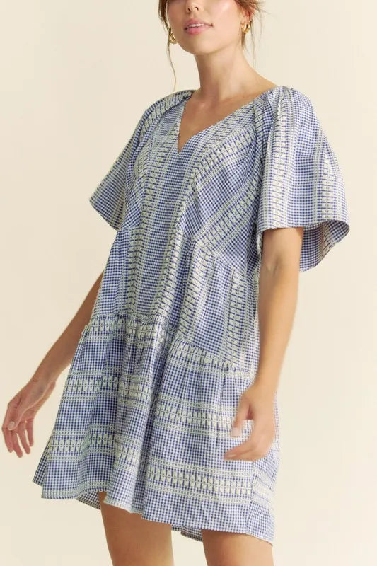 Davi & Dani Embroidered Stripe Ruffled Gingham Mini Dress Navy Blue