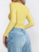 Scoop Neck Long Sleeve Fitted T-Shirt for Women - Ribbed, Moderate Stretch, Polyester Blend - Store 42