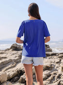 Lace Detail Tie Neck Short Sleeve Top for Women - 100% Viscose, Ruched Design, Imported - Store 42