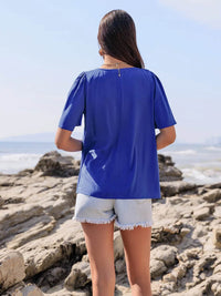 Lace Detail Tie Neck Short Sleeve Top for Women - 100% Viscose, Ruched Design, Imported - Store 42