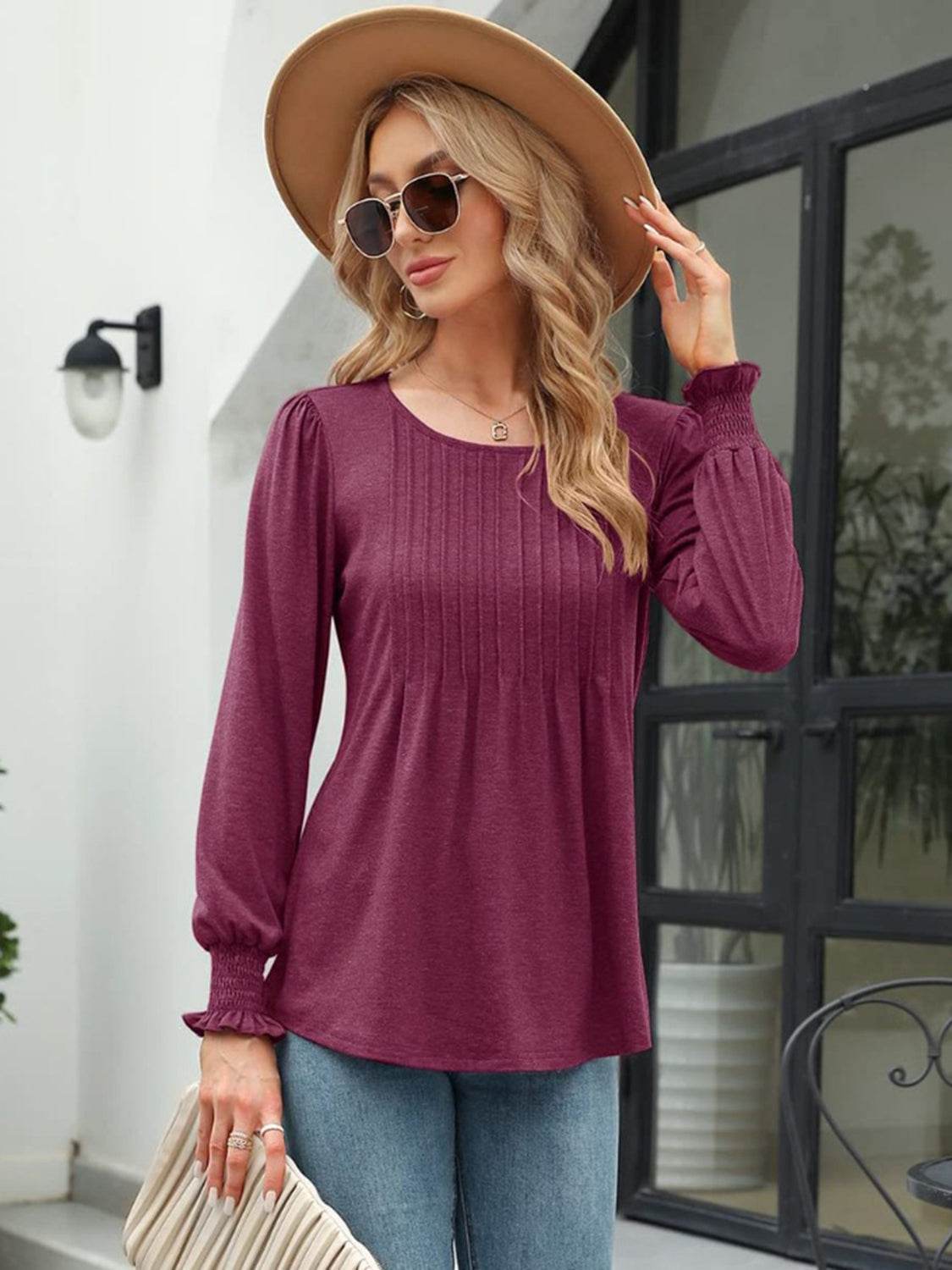 Stylish Smocked Round Neck Blouse With Lantern Sleeves - Opaque 65% Rayon, 35% Polyester - Store 42