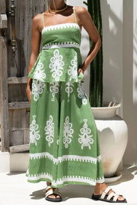 Printed Square Neck Cami and Wide Leg Pants Set Lime