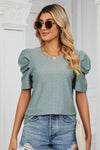 Trendsi Eyelet Puff Sleeve Blouse - Casual Round Neck Top for Every Occasion - Store 42