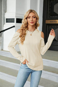 Trendsi Casual Cold-Shoulder Blouse with Long Sleeves and Round Neck - Solid Opaque Design - Store 42