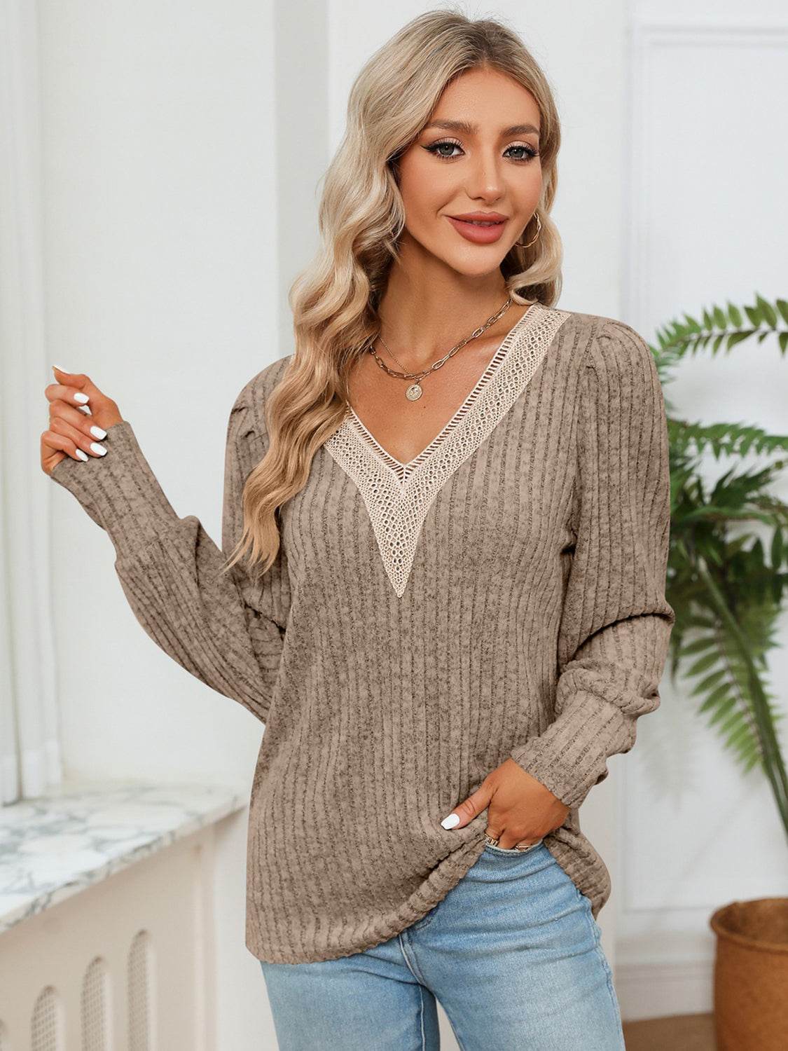 Lace Detail V-Neck Blouse with Ribbed Texture - Opaque, Slightly Stretchy Fabric - Store 42
