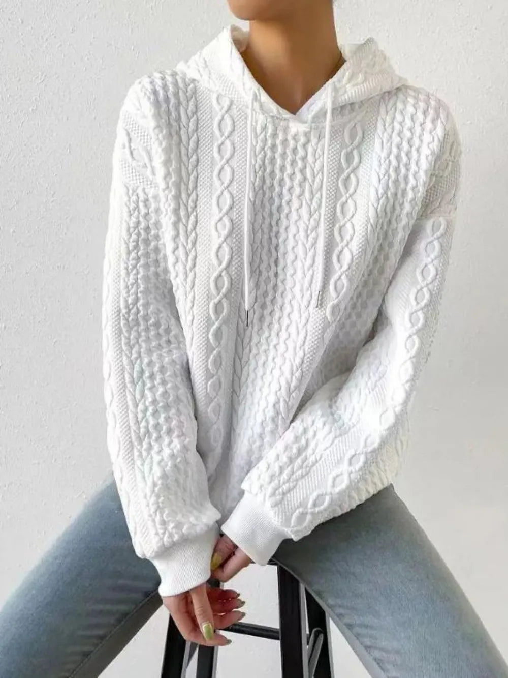 Trendsi Opaque Drawstring Hoodie, Long Sleeve, Drop Shoulder, Slightly Stretchy Fabric