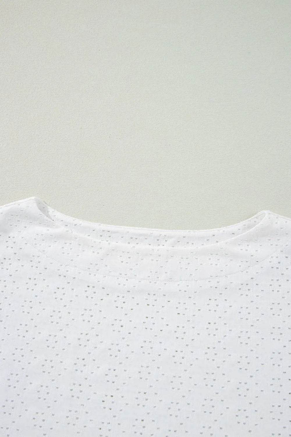 Stylish Eyelet Pattern Boat Neck Tee for Women – Slightly Stretchy, Casual Comfort - Store 42