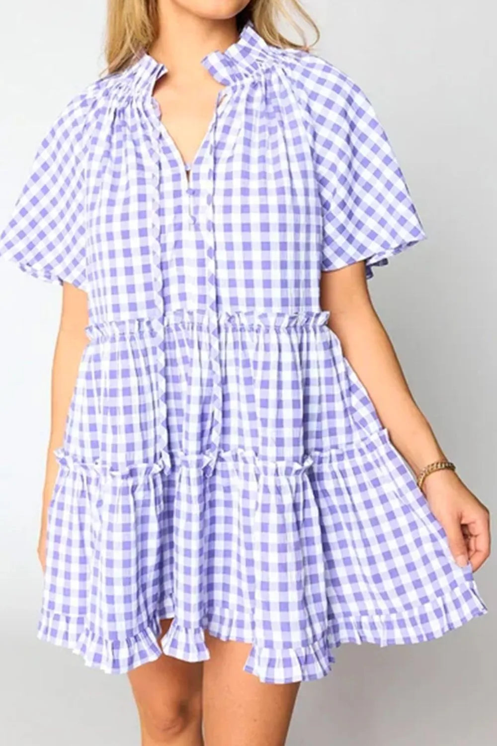 Plaid Tie-Neck Short Sleeve Babydoll Mini Dress - Opaque, Frill Detail, 95% Polyester