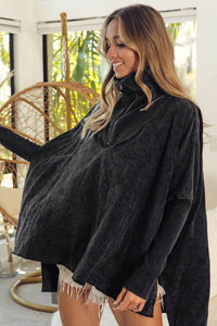 BiBi Vintage Washed Oversized Quilted Half Zip Sweatshirt with Fleece Lining and Ribbed Cuffs - Store 42