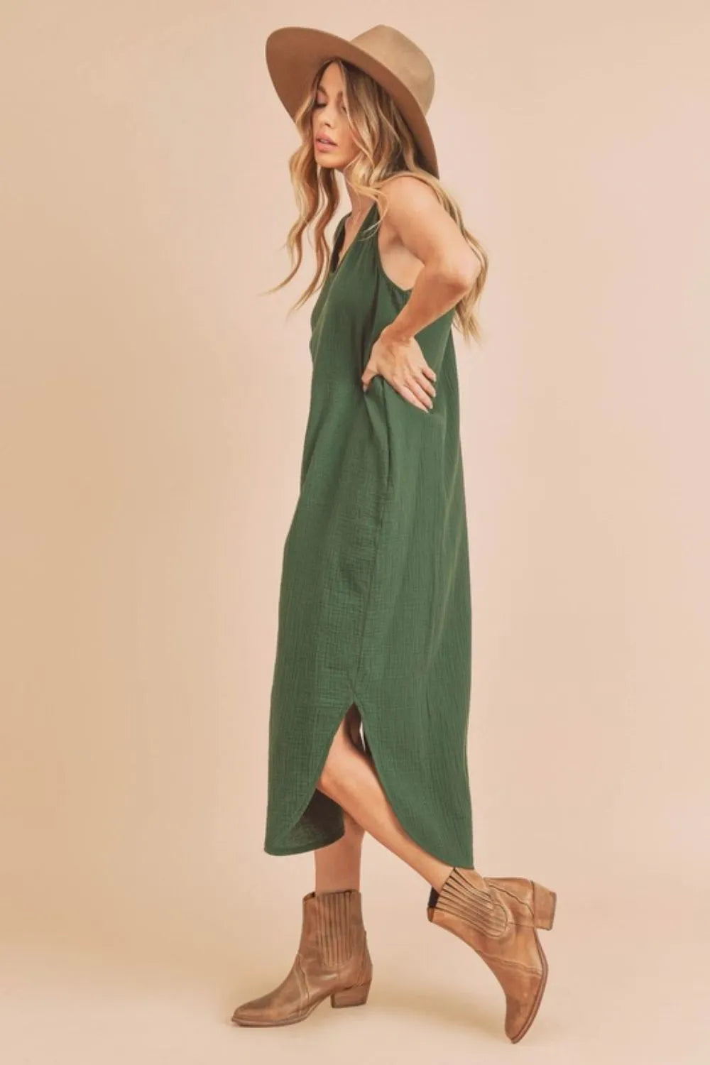 Aemi + Co Sleeveless Round Neck Midi Tank Dress with Pockets for Casual Everyday Wear