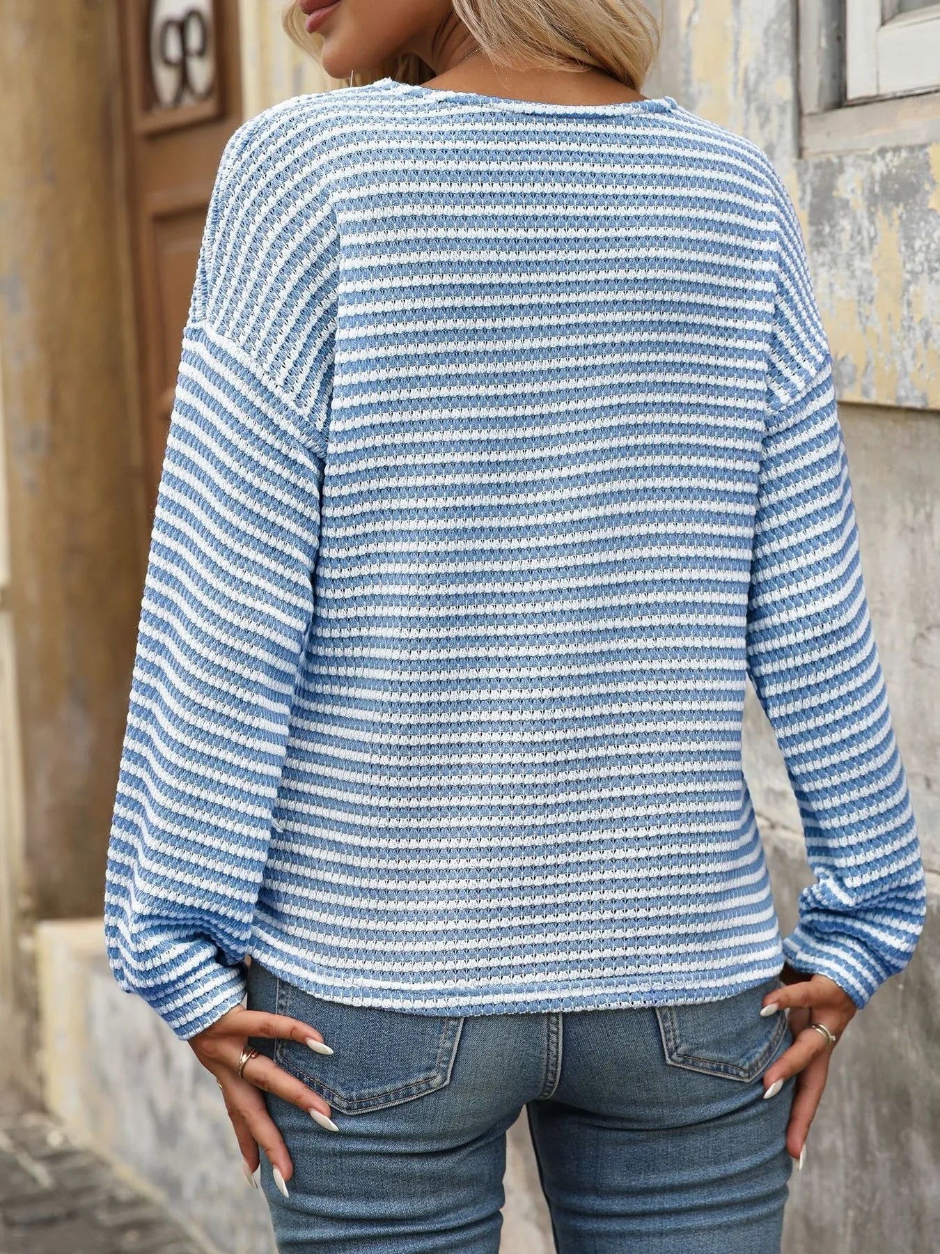 Striped V-Neck Button Front Casual Top