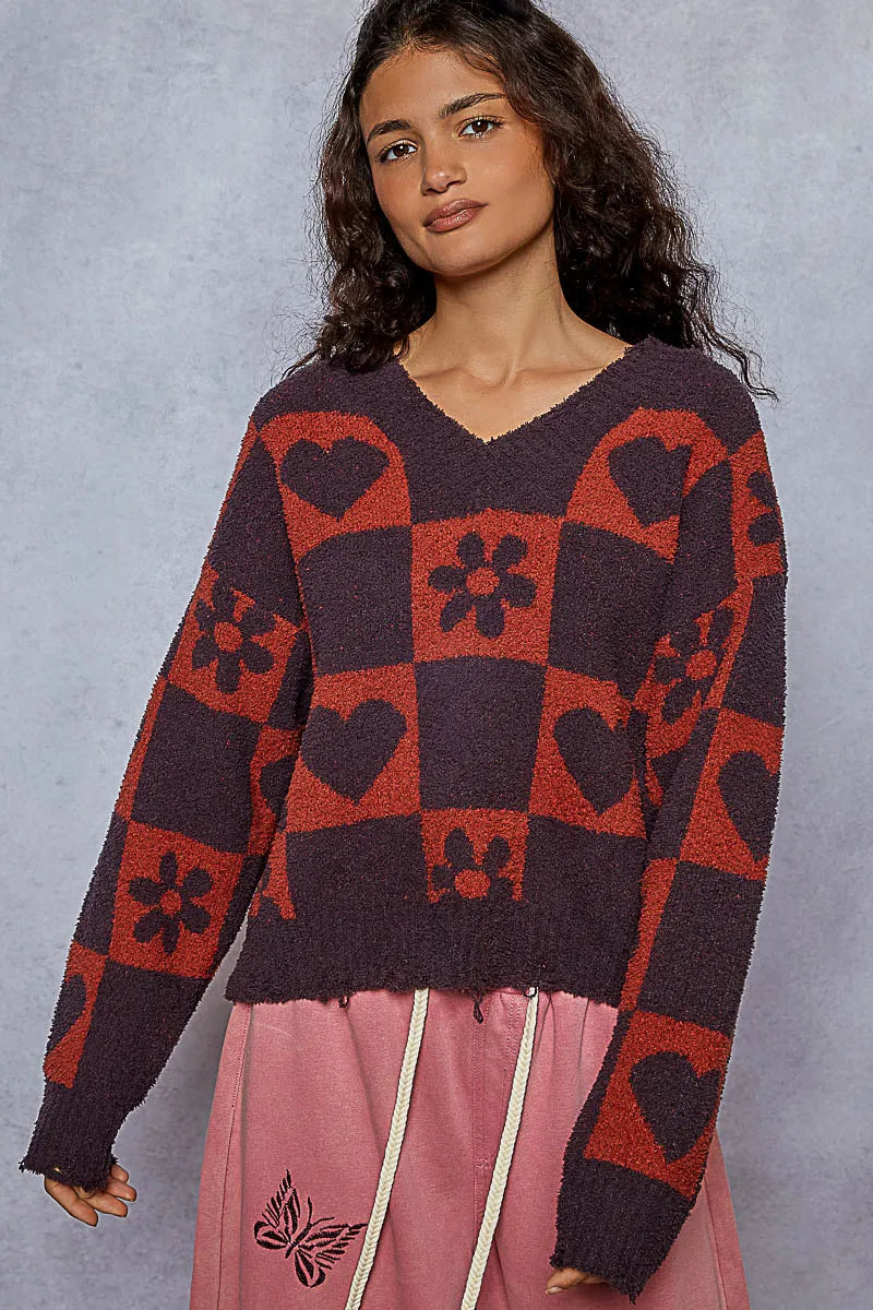 Cozy Oversized V-Neck Heart Pattern Checkered Sweater in Red & Burgundy - Vintage-Inspired Knit