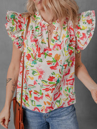 Multicolour Floral Printed Cap Sleeve Split Neck Blouse