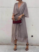 Full Size Flowy Tie Front Midi Dress with Flutter Sleeves Plus Size - Store 42